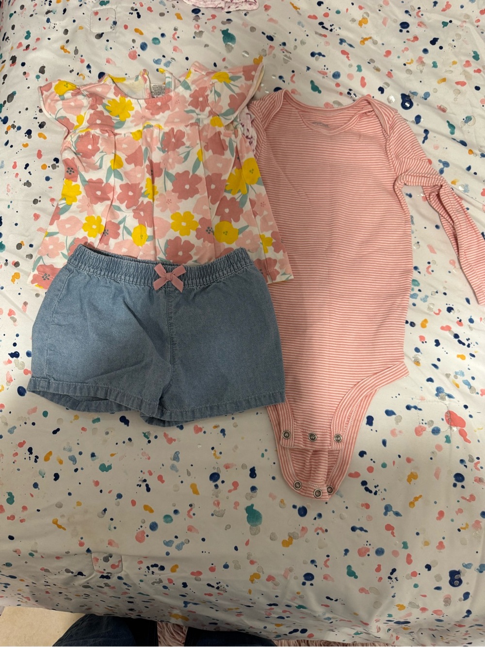 Carter's Pink Floral Top, Pink Stripe Bodysuit & Light Blue Denim Shorts Set
